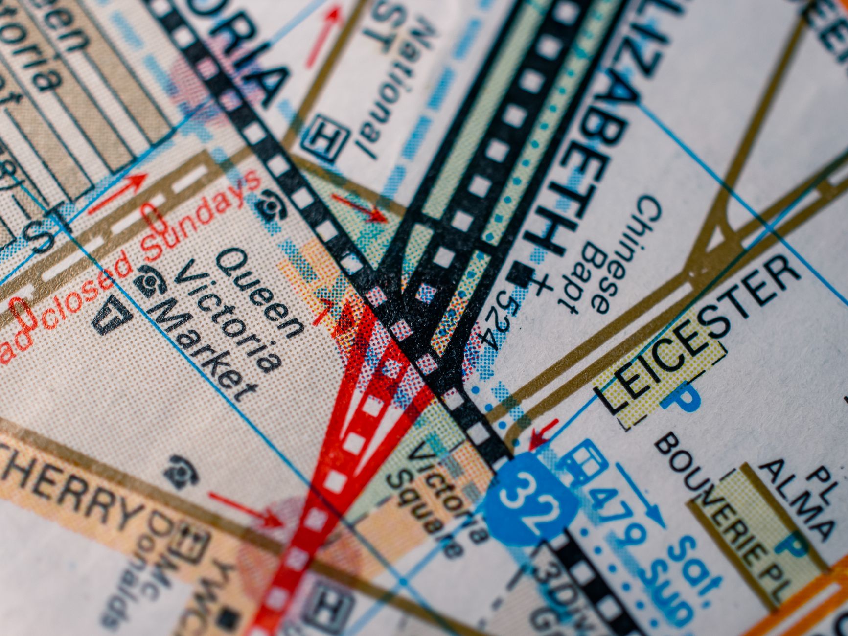A close-up of a printed city street map
